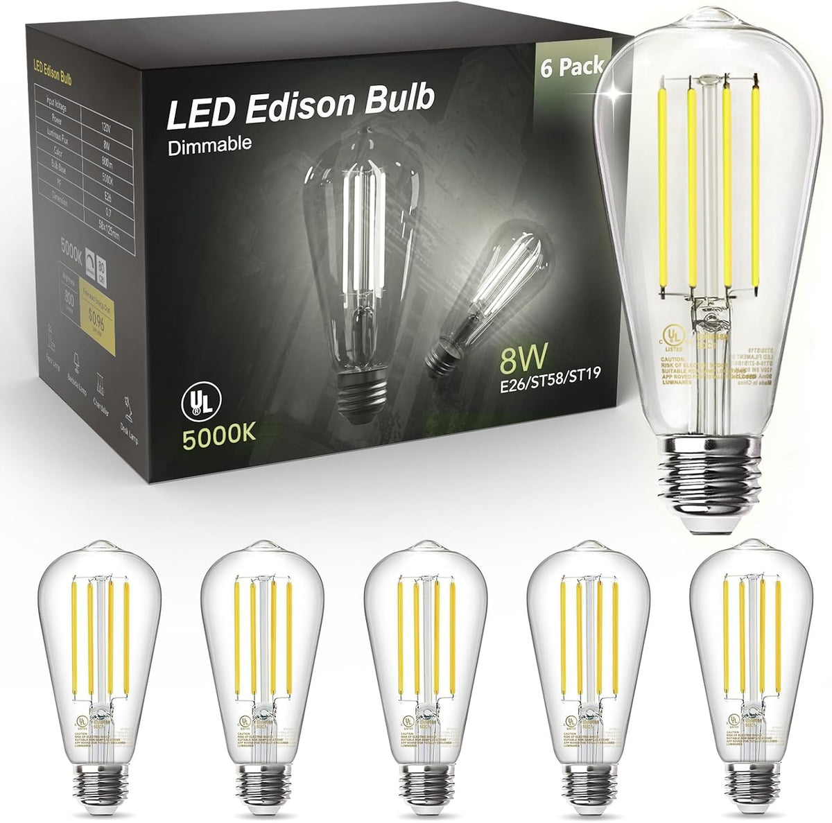 TJOY LED Edison Light Bulbs, E26 Dimmable Vintage Bulb, 8W = 60W Equivalent