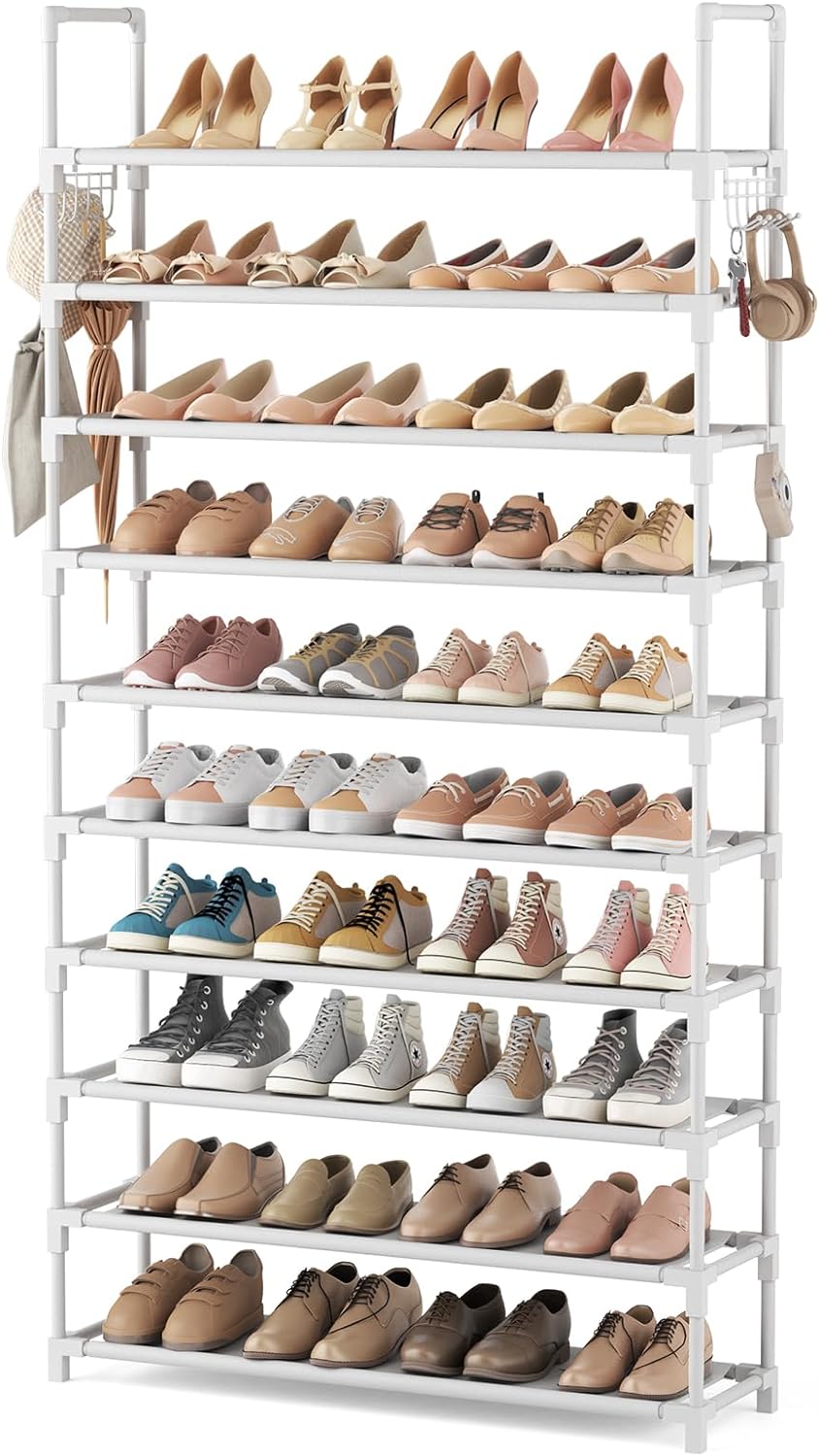 VTRIN 10 Tier Shoe Rack Tall Large Capacity Wide Shoe Organizer with Two Hooks Sturdy Metal Shoe Shelf for Entryway, Closet, Bedroom