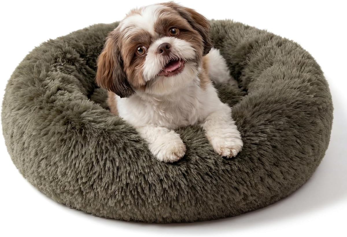 Small Calming Dogs Bed for Small Dogs Anti-Anxiety Machine Washable Fluffy Luxury Anti-Slip Waterproof Mute Base Warming Cozy Soft Pet Puppy Round Bed