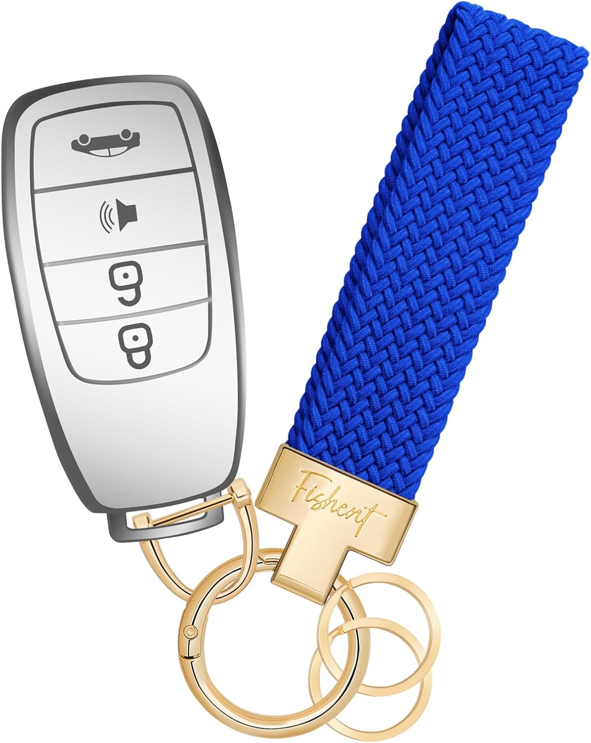 Fishent Stretchy Car Keychain, Nylon Braided Cool Key Chain for Women Men, Universal Key Fob Holder with 3 Keyrings, Anti-Lost D-Ring, Car Accessories, Starlight