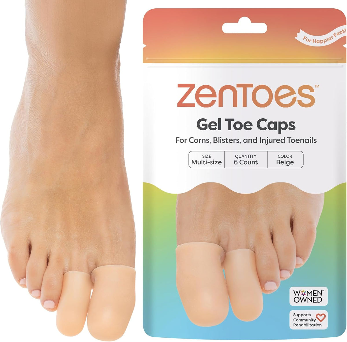 ZenToes Gel Toe Caps, Silicone Toe Protectors, 6-Pack (Large, Beige)