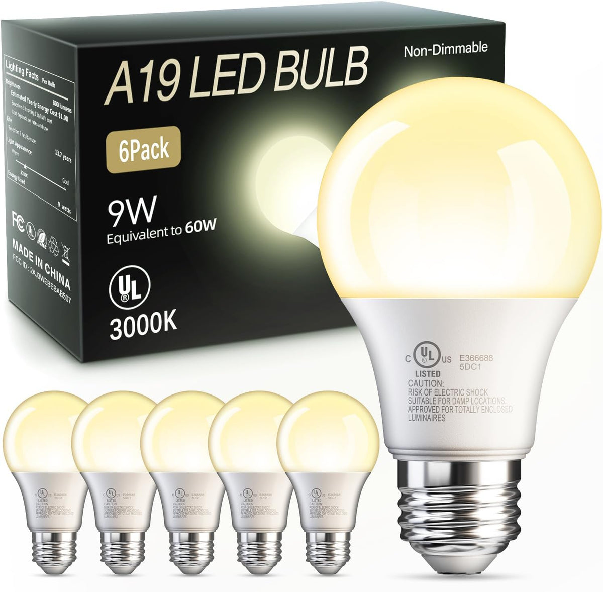 TJOY 6 Pack A19 LED Light Bulbs, Soft Warm White 2700K, 60 Watt Eq,E26 Base