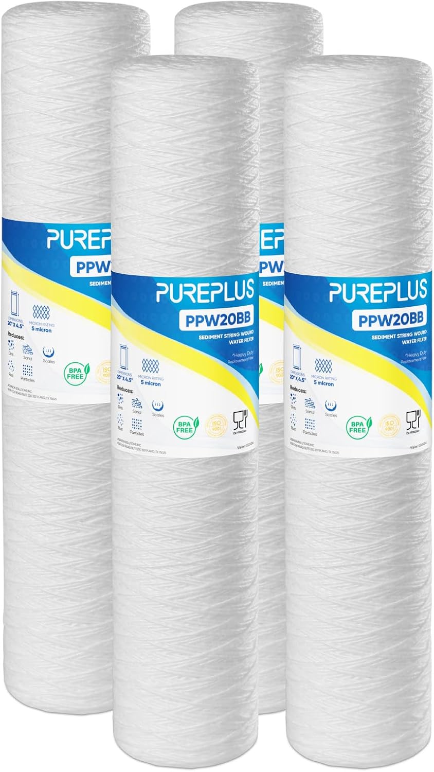 PUREPLUS 5 Micron 10"x2.5" Whole House String Wound Sediment Filter for Well Water, Replacement Cartridge for Universal 10 inch RO System, WP-5, Aqua-Pure AP110, CFS110, Culligan P5, WFPFC4002, 4Pack