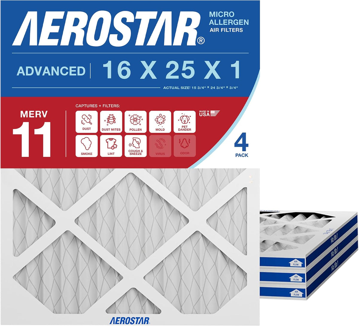 Aerostar Air Filter 16x25x1 MERV 8 AC Filter, HVAC, Furnace Filter, 6 Pack