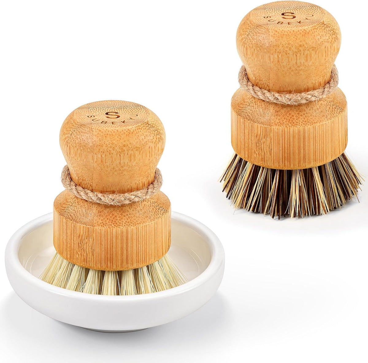 SUBEKYU Bamboo Dish Scrub Brush,Produce Brush,3 Pack with Ceramic Holder