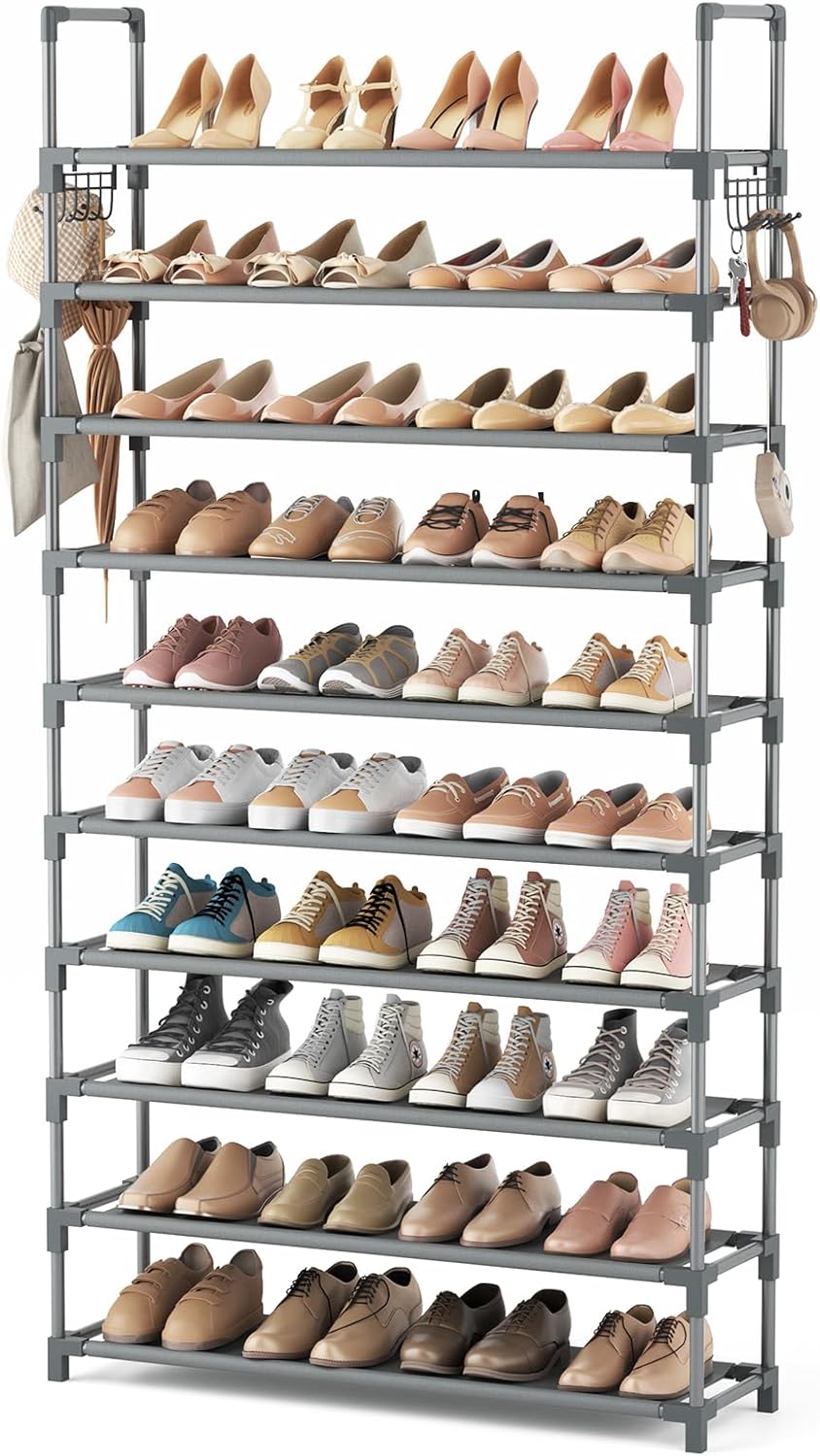 VTRIN 10 Tier Shoe Rack Tall Large Capacity Wide Shoe Organizer with Two Hooks Sturdy Metal Shoe Shelf for Entryway, Closet, Bedroom