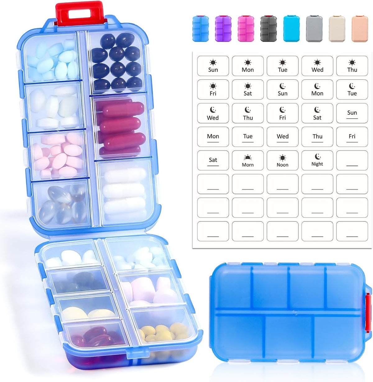 LANDNEOO 14 Grids Pill Organizer Box with Labels, Travel Medication Holder Dispenser Case Kit, Pocket Daily Pharmacy Container for Fish Oil Vitamin Supplement Storage, Khaki Pink Grey, 3 Pack