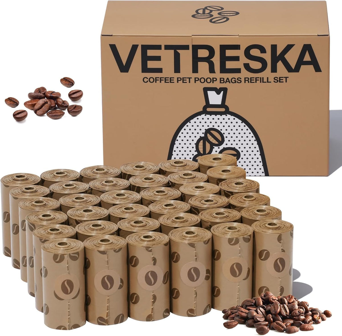 VETRESKA Dog Poop Bags Dispenser with Coffee Scented Waste Bags, 105 Counts | Leak Proof, Extra Thick & Strong Pet Waste Bags for Dogs and Cats, 1 Holder and 7 Rolls
