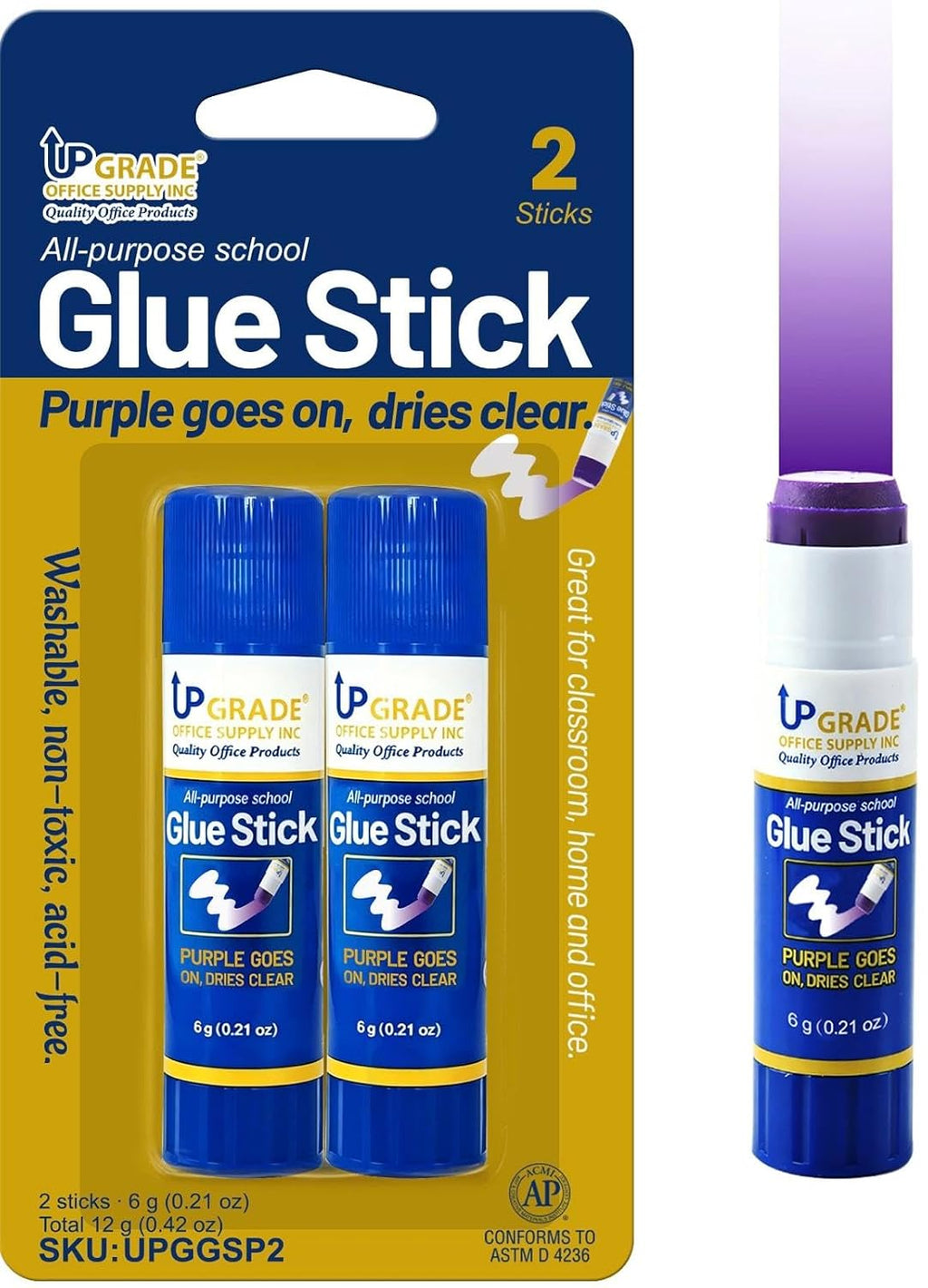 Upgrade Office Supply Glue Sticks, 6g, 2 Count, Purple Goes On Dries Clear