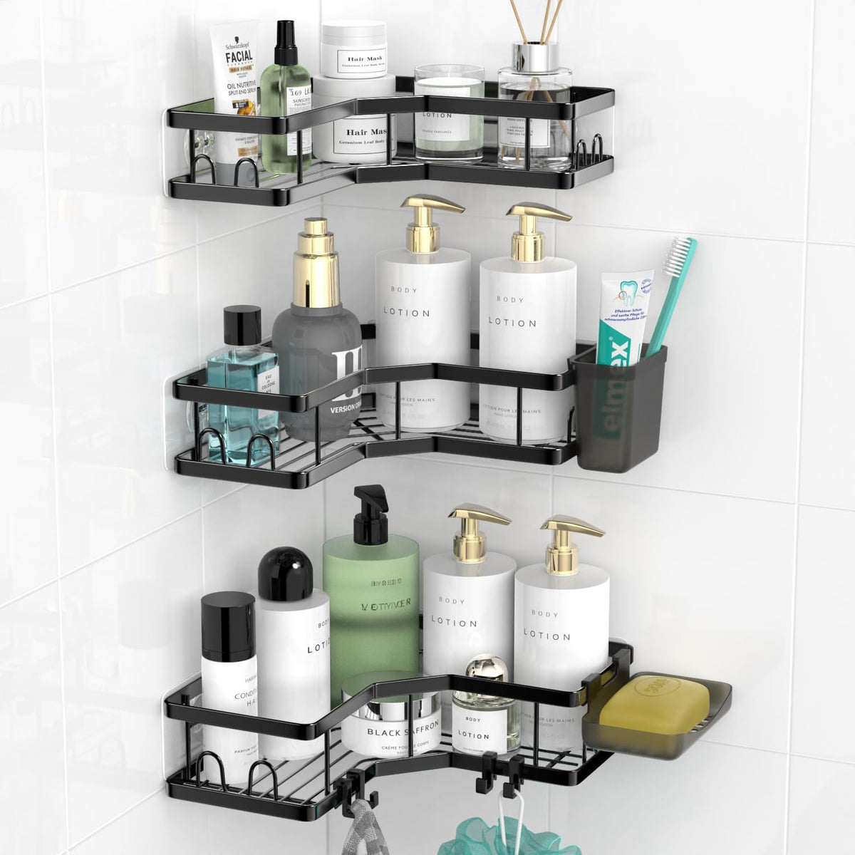 AKTECKE Corner Shower Caddy, 2 Pack Adhesive Shower Corner Organizer Shelves, No Drilling Stainless Steel Shower Storage Rack with Hooks&Toothpaste Holder for Bathroom Kitchen （for 90° Corners Only）