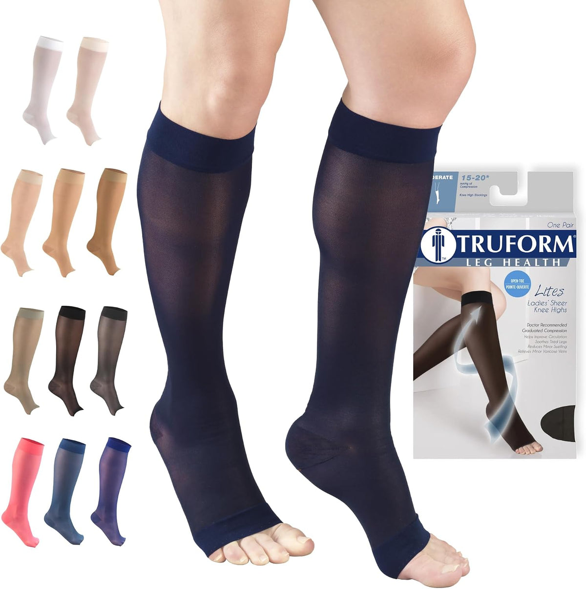 Truform Sheer Compression Stockings, 15-20 mmHg, Women's Knee High Length, Open Toe, 20 Denier, Medium