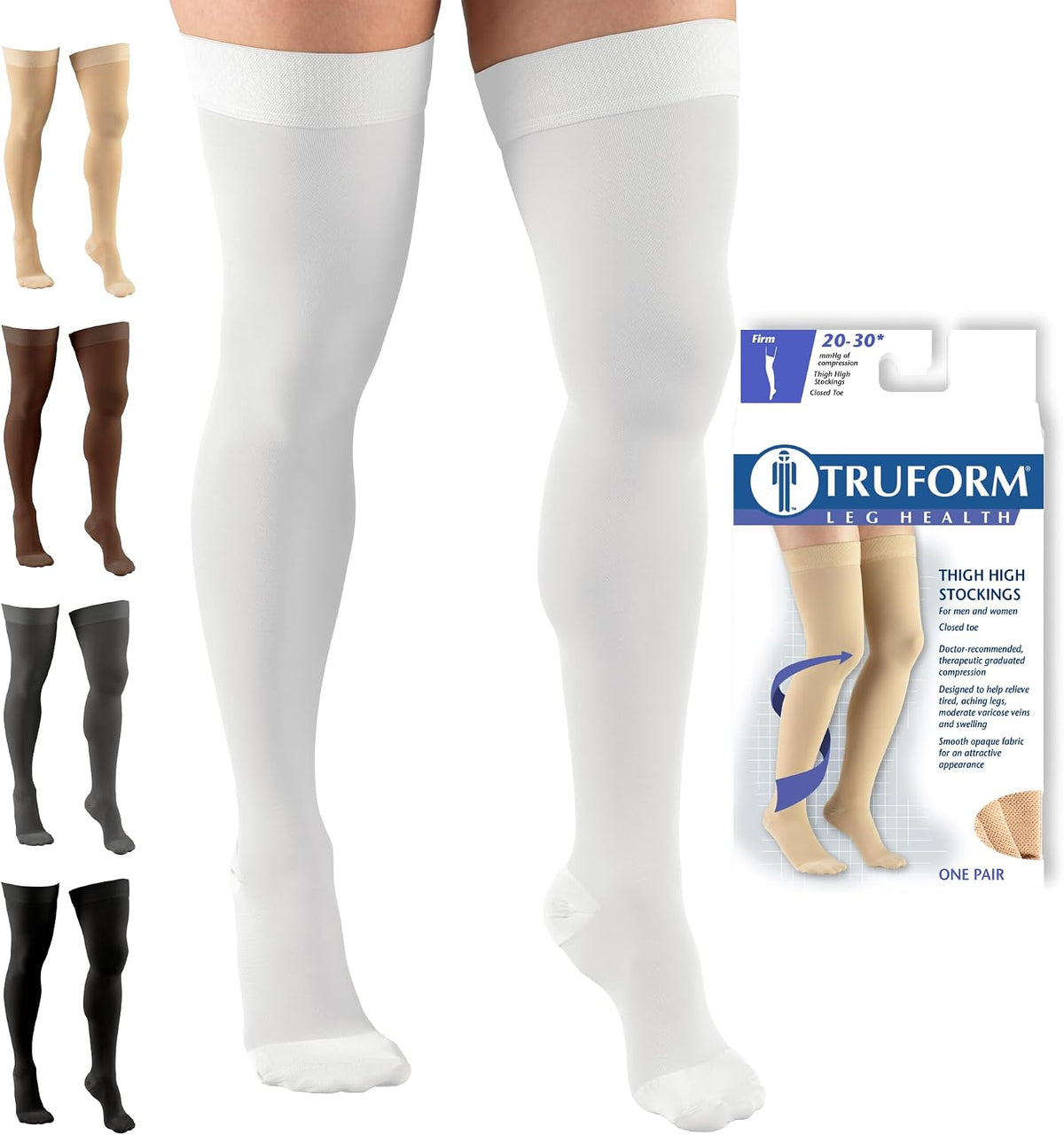 Truform 20-30 mmHg Compression Stockings for Men and Women, Thigh High Length, Dot Top, Closed Toe, Black, Medium