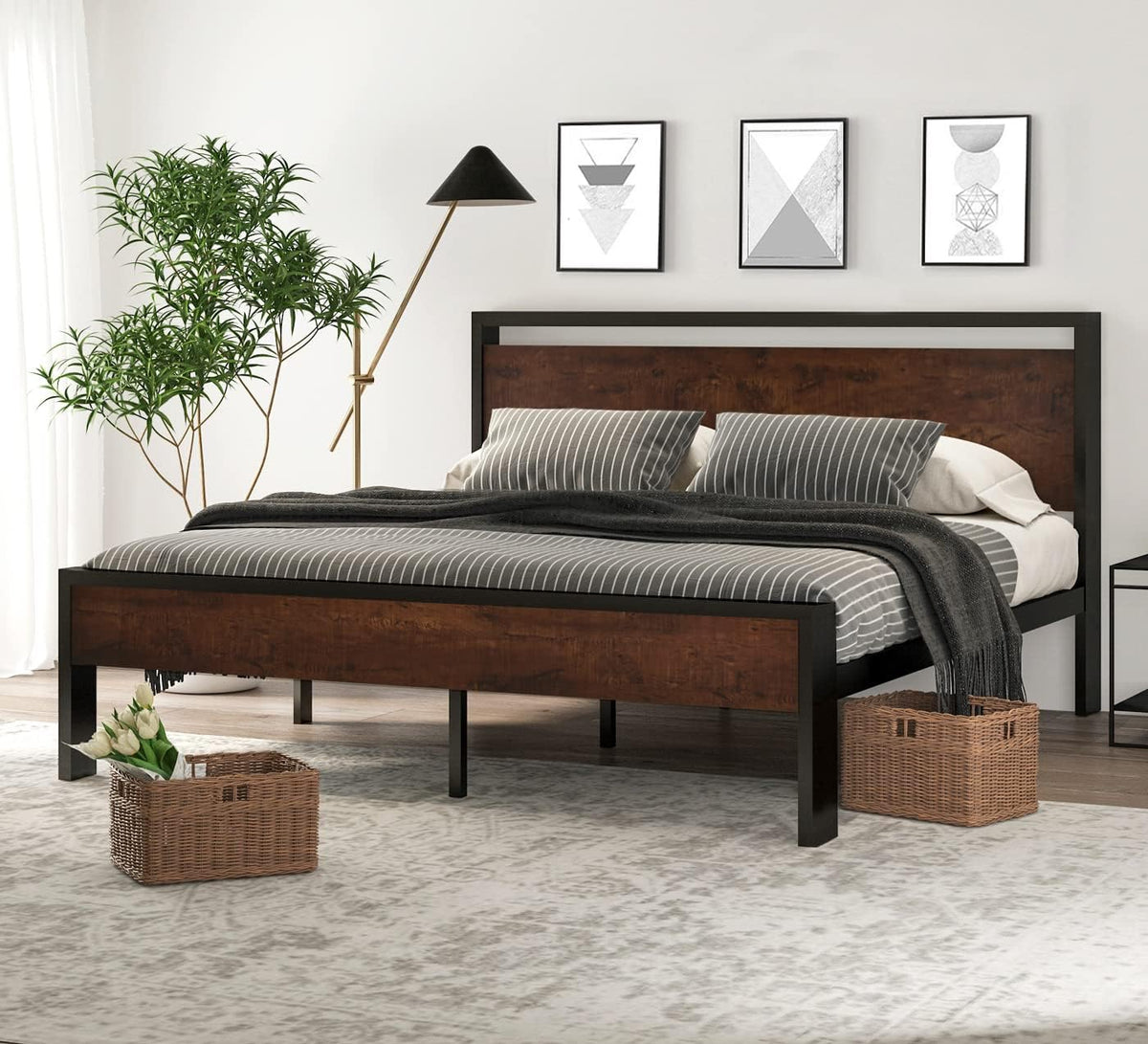 SHA CERLIN Full Size Bed Frame, Wooden Headboard and Footboard, Black Oak