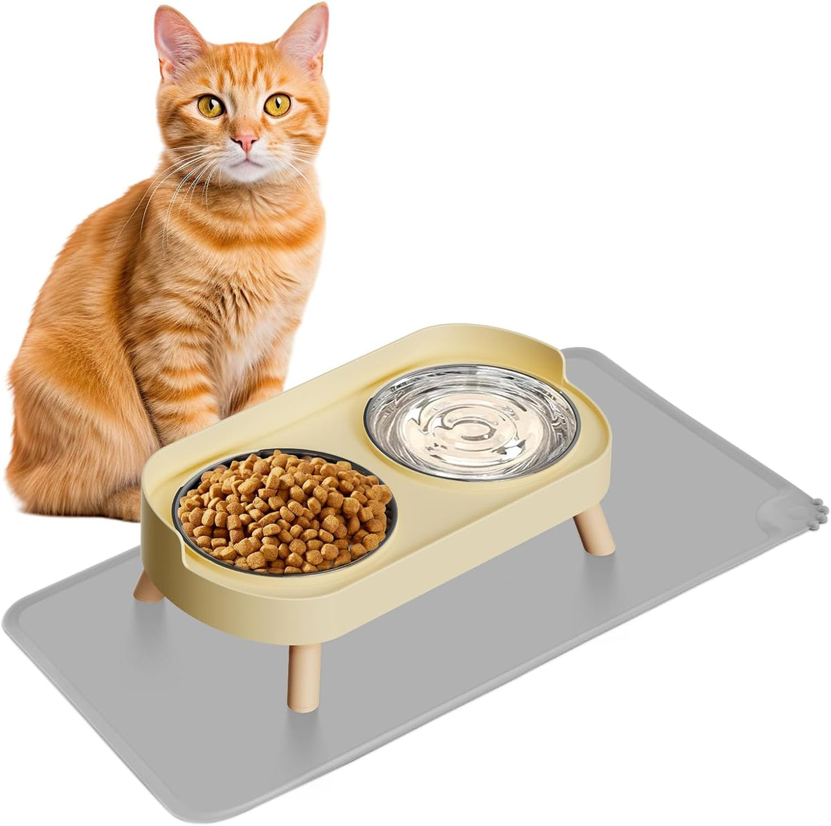 Elevated Cat Bowl, Raised Cat Food and Water Bowl Set for Indoor Cats, Splash Proof with 2 Stainless Steel Pet Food Bowls for Cats and Puppies, Whisker Fatigue and Dishwasher Safe - White