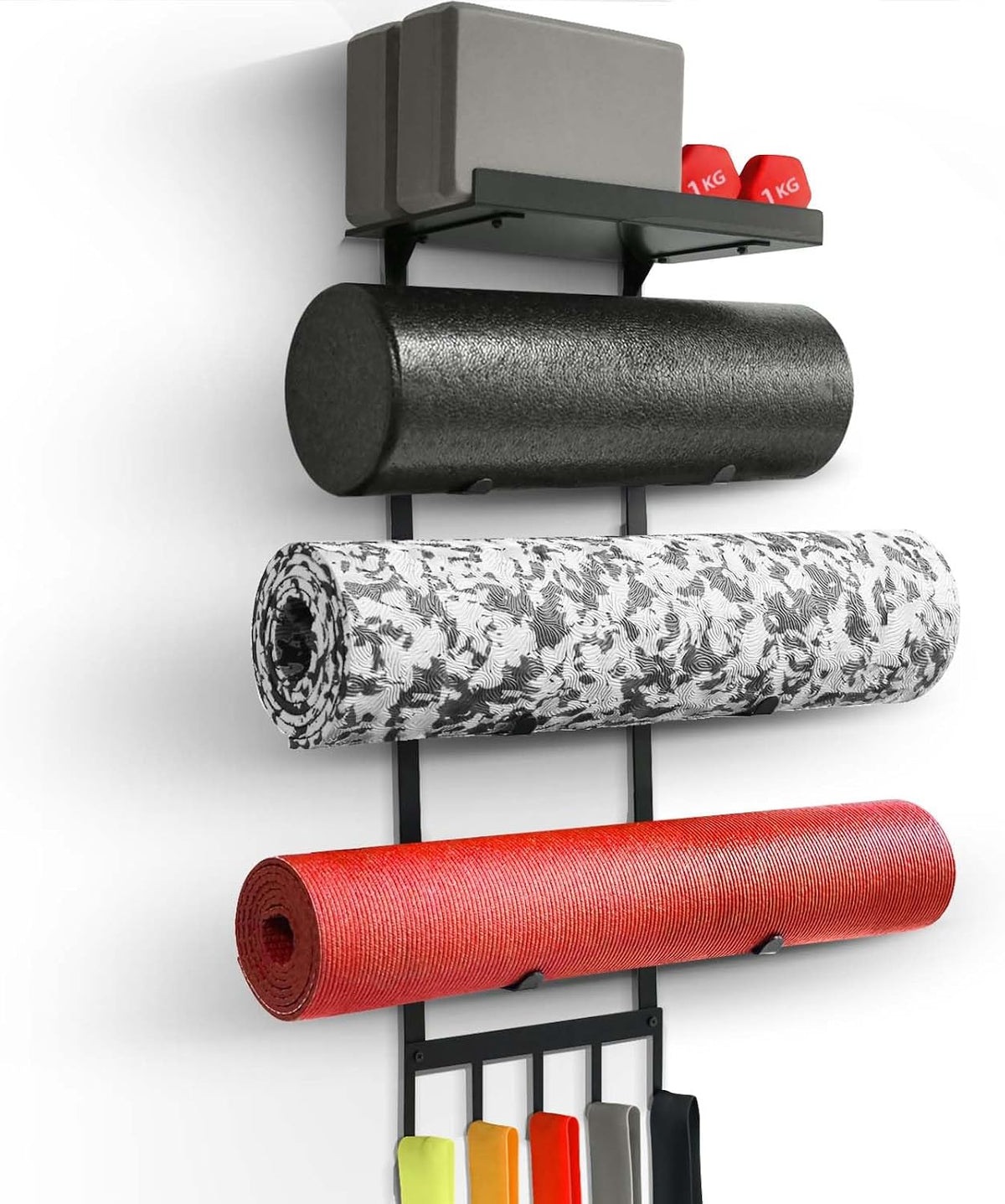 Yoga Mat Holder Wall Mount, Home Gym Storage Rack with Top Floating Shelf, 4-Tiers Holding Yoga Mat/ Blocks/ Rollers and Decorations, 5 Hooks for Resistance Bands, Skipping-Rope, Small Gym Equipment