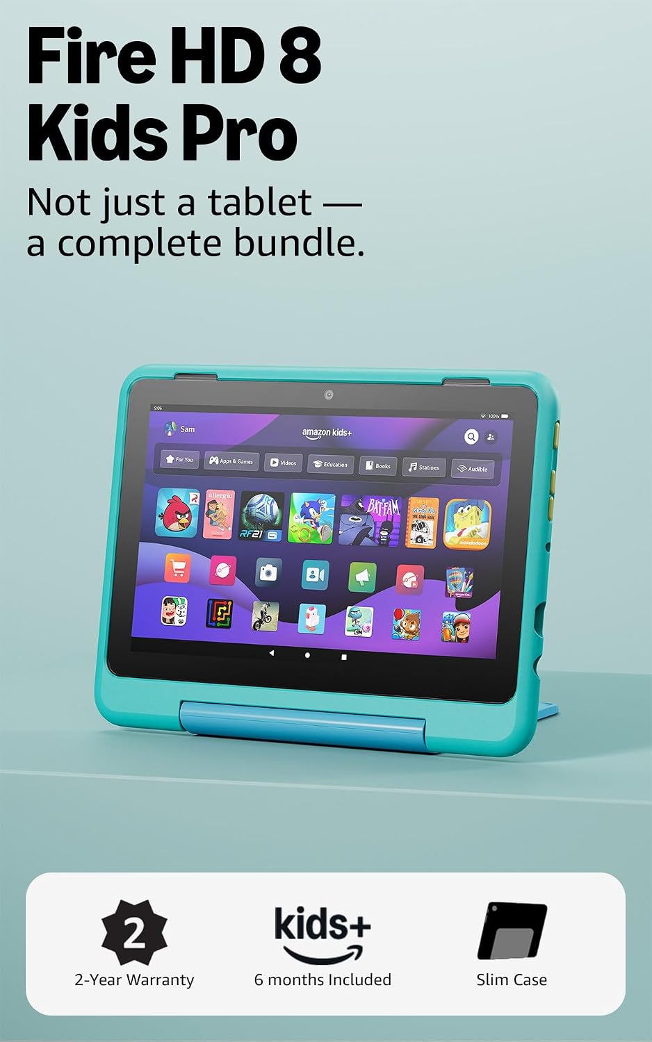 Amazon Fire HD 8 Kids Pro tablet (newest model), ages 6-12. Bright 8" HD screen, includes ad-free content, parental controls, 13-hr battery, slim case for older kids, 64GB, Hello Teal