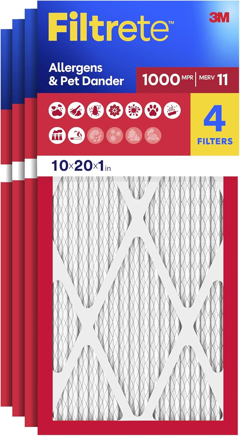 Filtrete 16x25x1 Air Filter, MERV 11, MPR 1000, Allergens & Pet Dander, 3-Month AC and Furnace Filters, Cleaner Air, Reliable Airflow, 4 HVAC Filters (Actual Size 15.68 x 24.68 x 0.81 in)