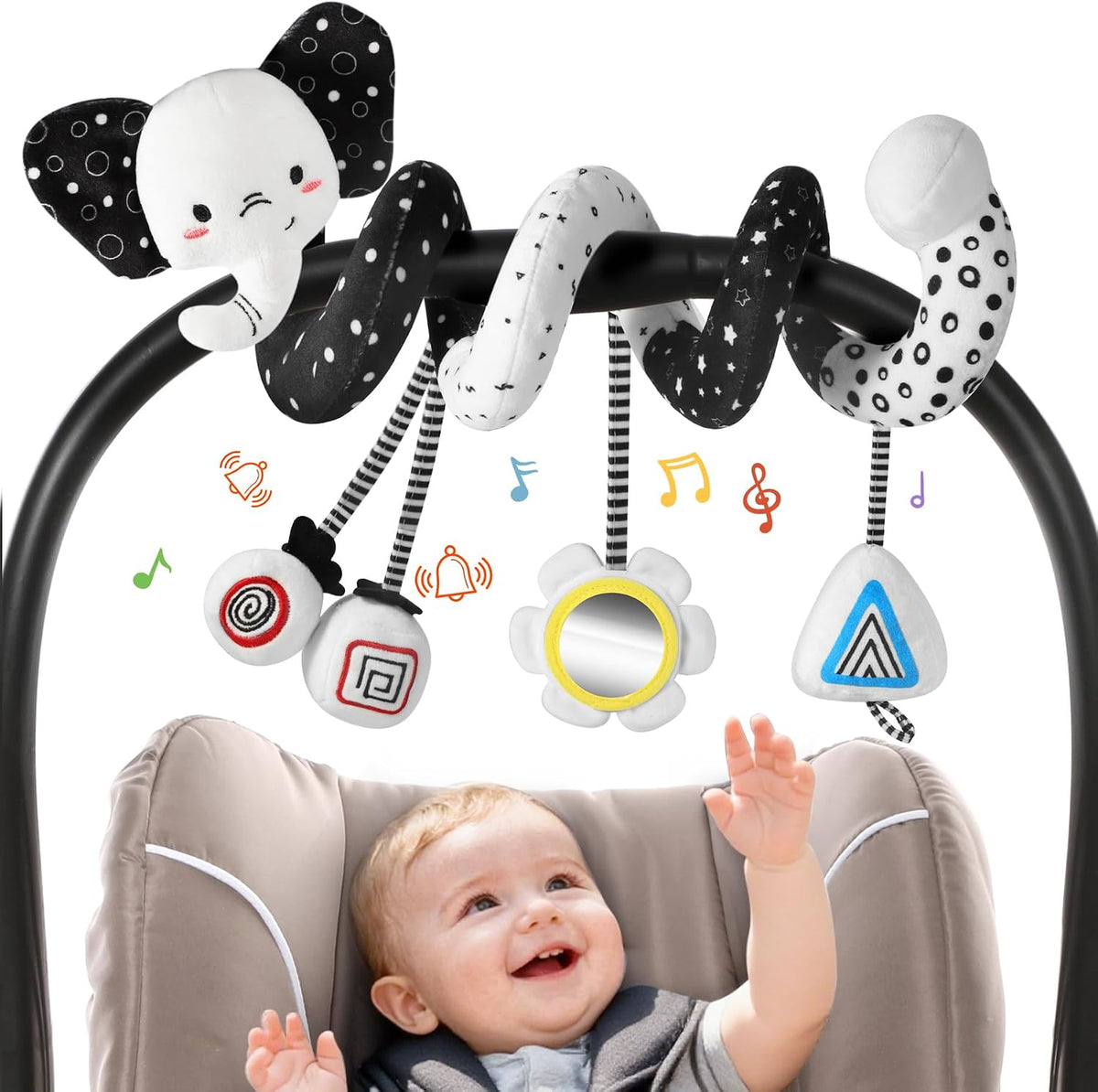 URMYWO Spiral Car Seat Toys for Babies 0-6 Months, Newborn Toys & Infant Toys, 3 Month Baby Toys, Toddler Travel Toys, Sensory Hanging Stroller Toy with Crinkle Mirror, Shower Gifts Essentials