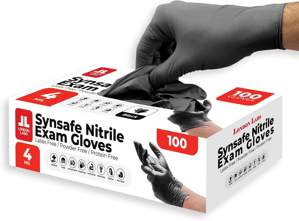 London Labs Synsafe 4 Mil - Black Nitrile Exam Gloves - Disposable Latex Free & Powder Free Rubber Gloves - Medical, Cooking