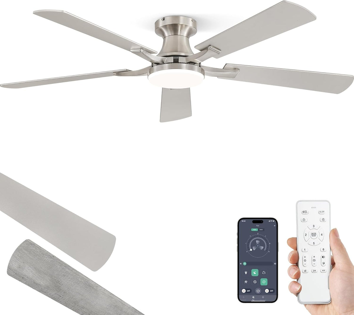 ZMISHIBO 52 Inch Ceiling Fans with Lights, Remote&App Control, Flush Mount