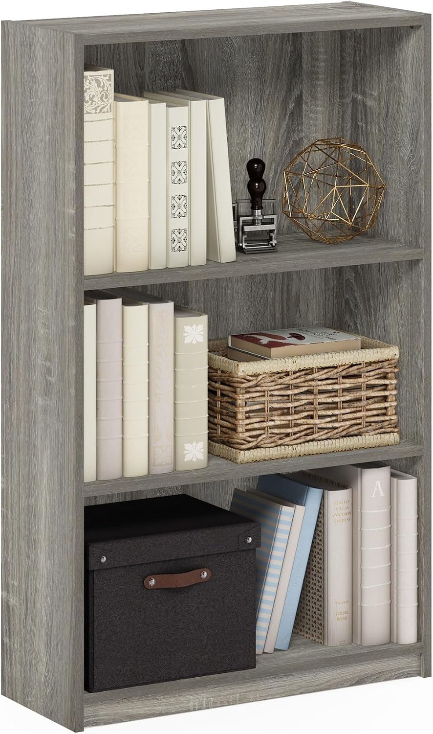 Furinno JAYA Book Shelf, 3-Tier Bookshelf, Bookcase with Adjustable Shelves, 9.5 x 24.5 x 40.3, for Organization and Storage, for Living Room, Bedroom, Home Office, French Oak