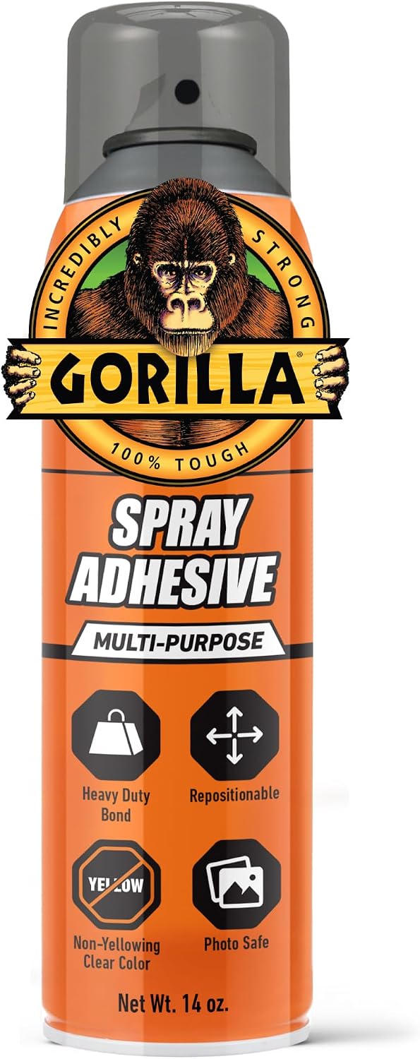 Gorilla Heavy Duty Spray Adhesive, Multi Purpose & Repositionable, Clear, 14 oz (Pack of 1) Bonds Paper, Cardboard, Foam, Fabric, Photo Safe, Non-Yellowing, Indoor & Outdoor