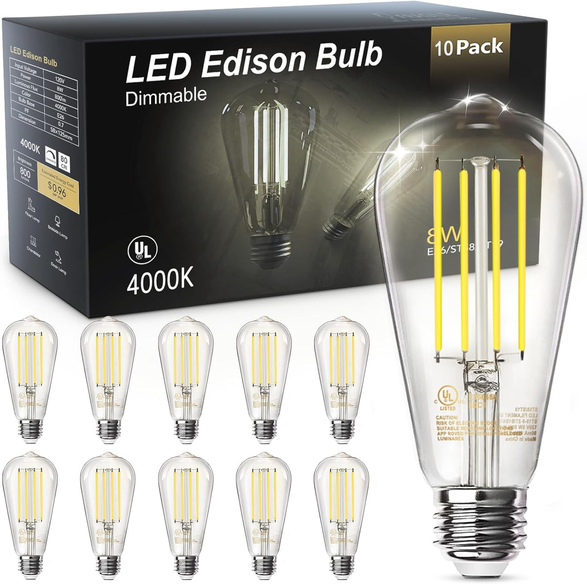 TJOY LED Edison Light Bulbs, E26 Dimmable Vintage Bulb, 8W = 60W Equivalent