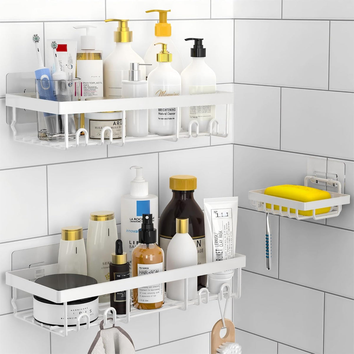 Moforoco 3-Pack Shower Caddy Basket Shelf with Soap Holder, No Drilling Traceless Adhesive Shower Wall Shelves, Rustproof Black Bathroom Shower Storage Organizer