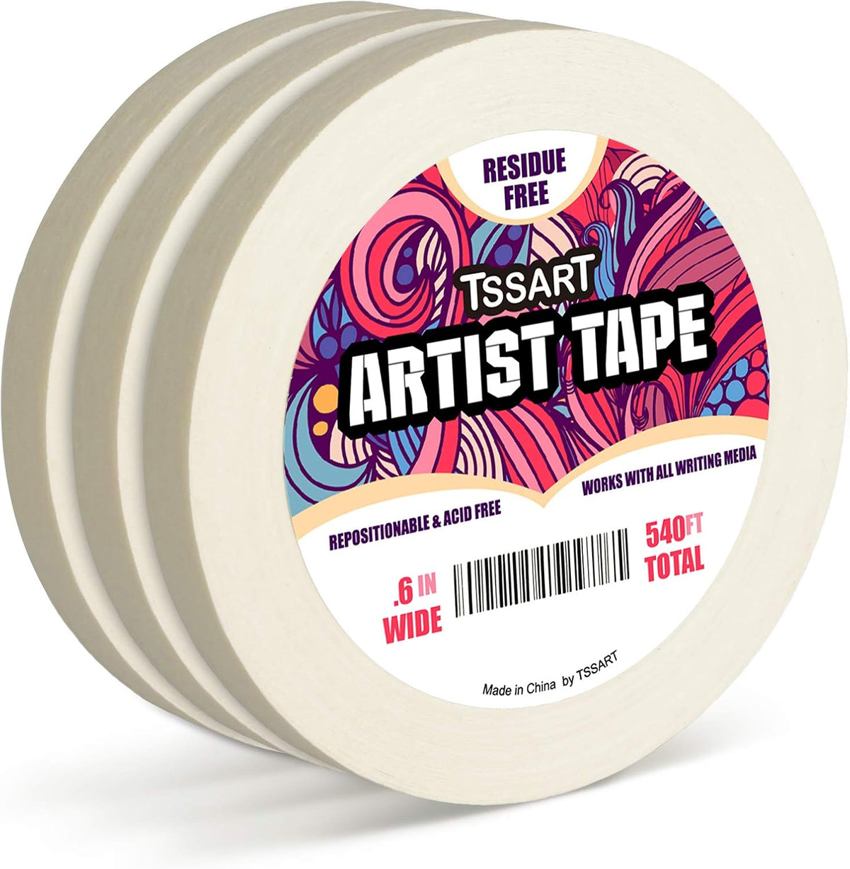 3 Pack White Artist Tape - Masking Artists Tape for Drafting Art Watercolor Painting Canvas Framing - Acid Free 0.6inch Wide 540FT Long Total