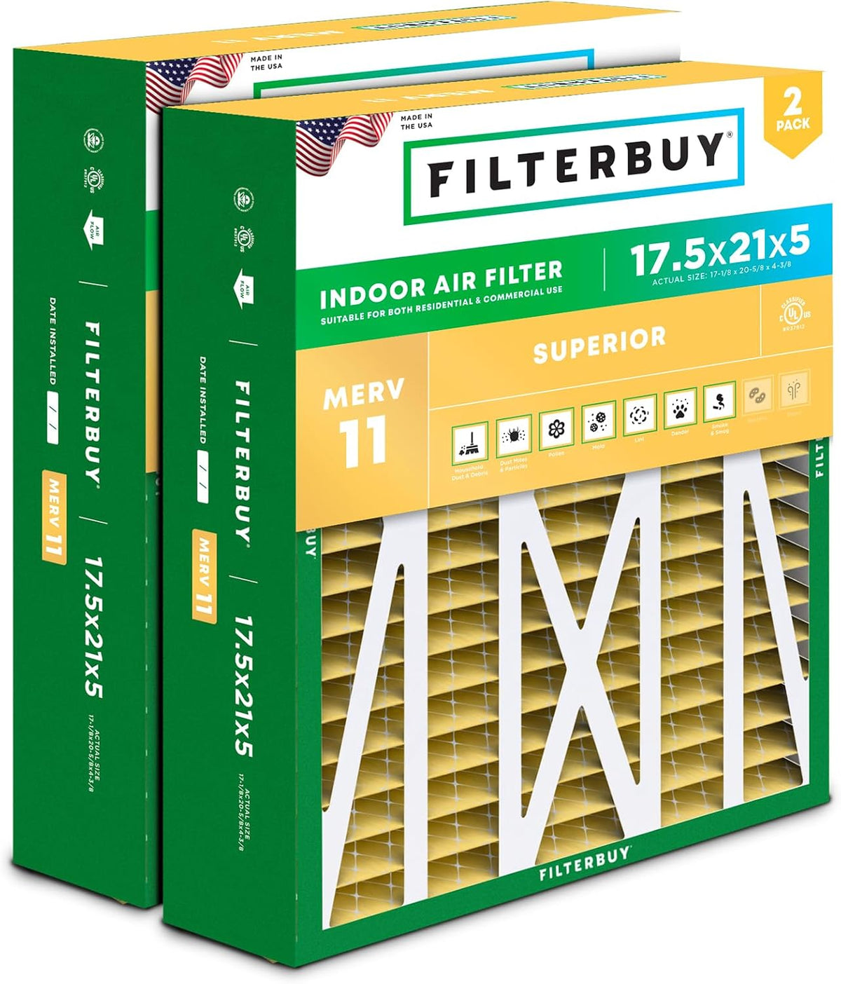 Filterbuy 20x25x5 Air Filter MERV 11 Pet & Allergy Defense (2-Pack)