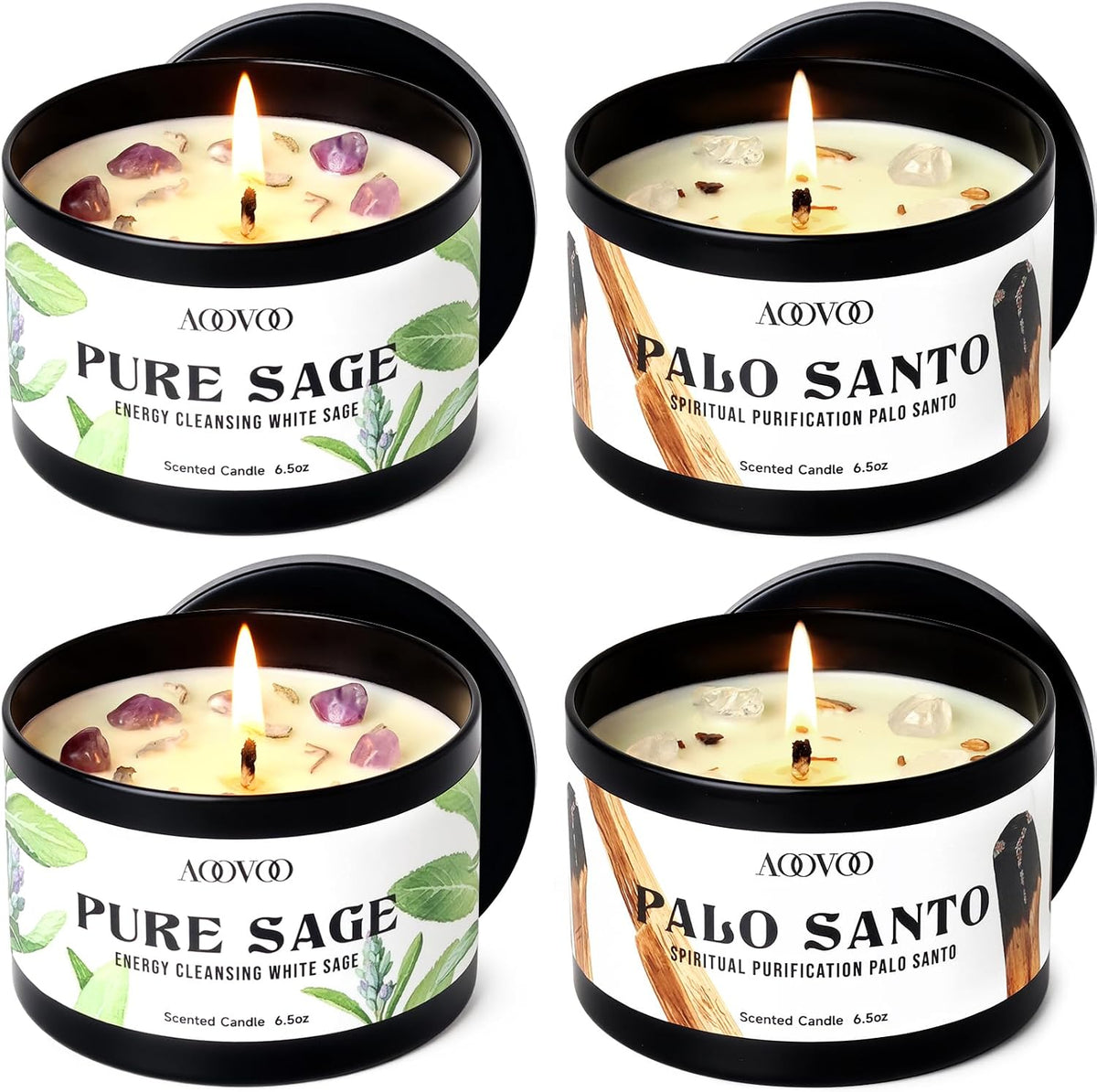 AOOVOO Sage Candle for Cleansing - 3 Wick 12oz Large Scented Candle with Crystals & Sage Leaves Inside, Soy Candles Non Toxic for Meditation Spiritual Gift, Aromatherapy Candle for Women Men