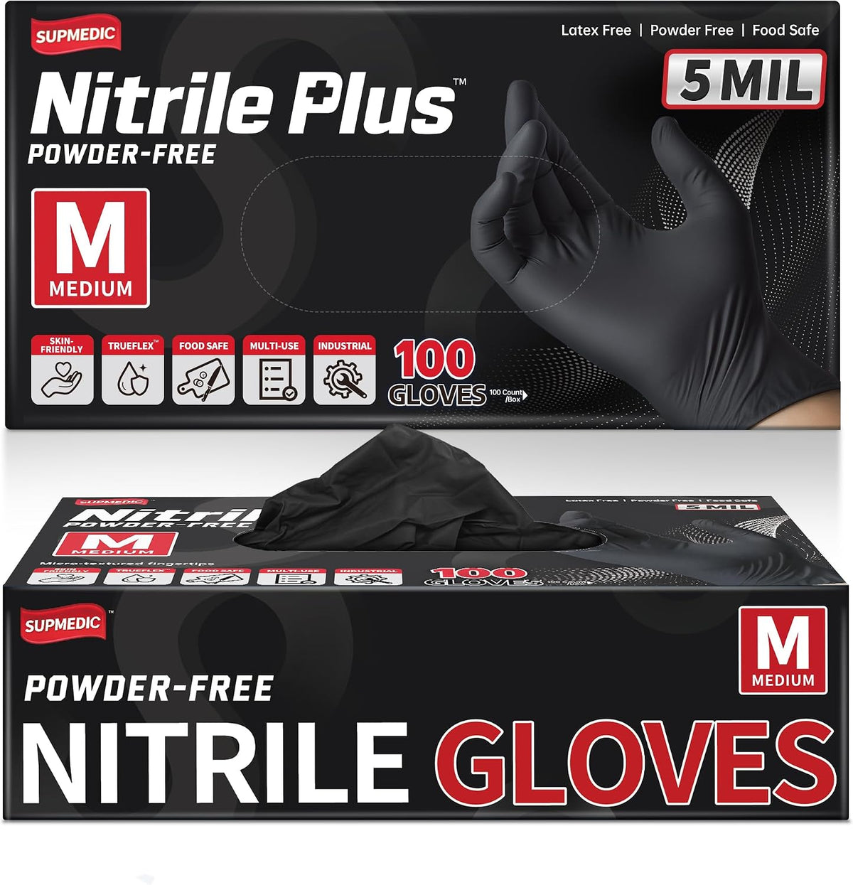 Supmedic Nitrile+ Disposable Gloves, 5 Mil Latex & Powder-Free Glove 100 Ct