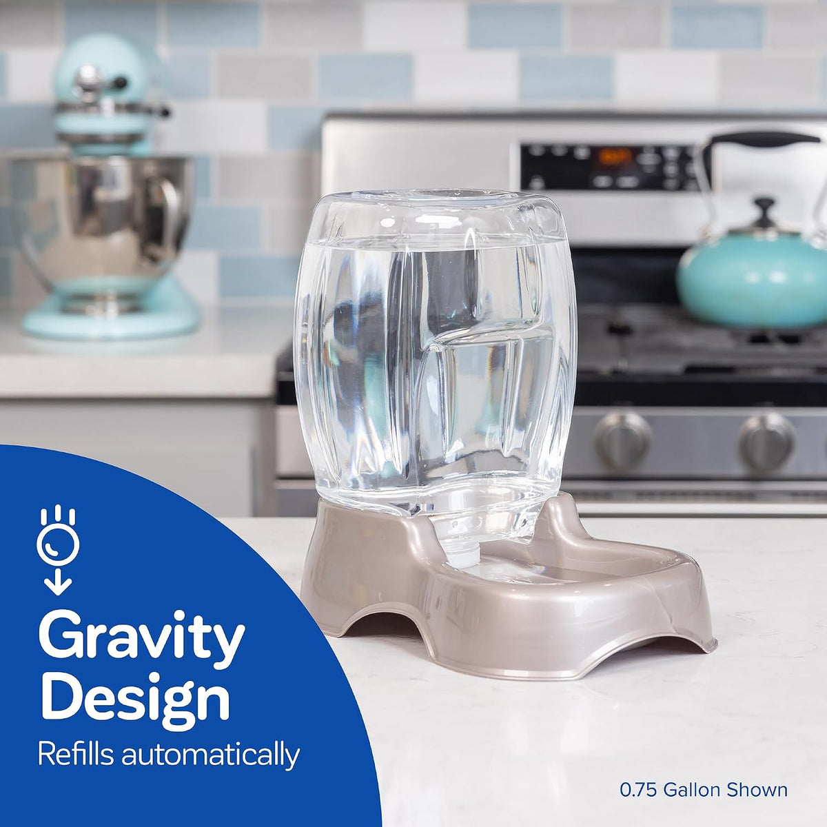 Petmate Pet Cafe Gravity Water Dispenser, 0.75 GAL, Pearl Gray | Bowl for Cats and Dogs, USA Made