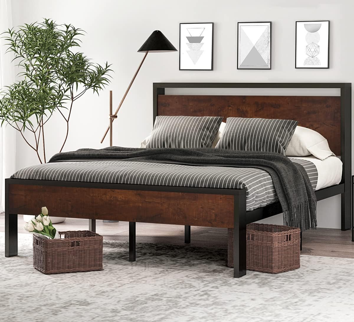 SHA CERLIN Full Size Bed Frame, Wooden Headboard and Footboard, Black Oak