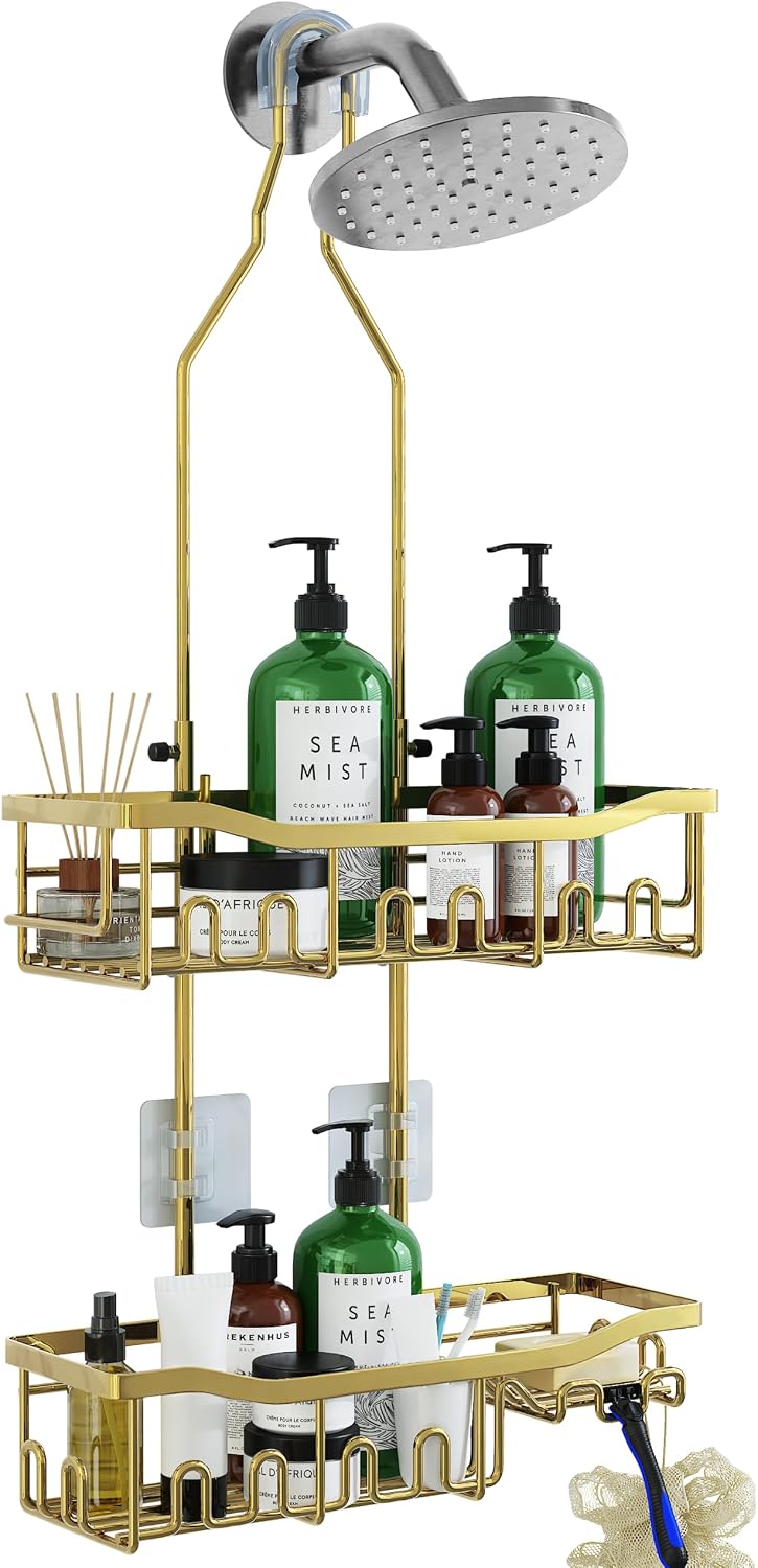 Upgraded Extended Length Shower Organizer with Hooks, Rustproof Shampoo Soap Holder, Large Hanging Bathroom Caddy