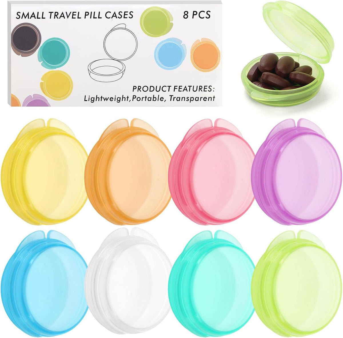 Small Pill Case, 8 Pack Round Pill Storage Boxes, Portable Tiny Pill Organizer Container for Pocket Purse, Compact Plastic Medicine Caddy Dispenser for Work, Caping, Trip, Travel - Colorful