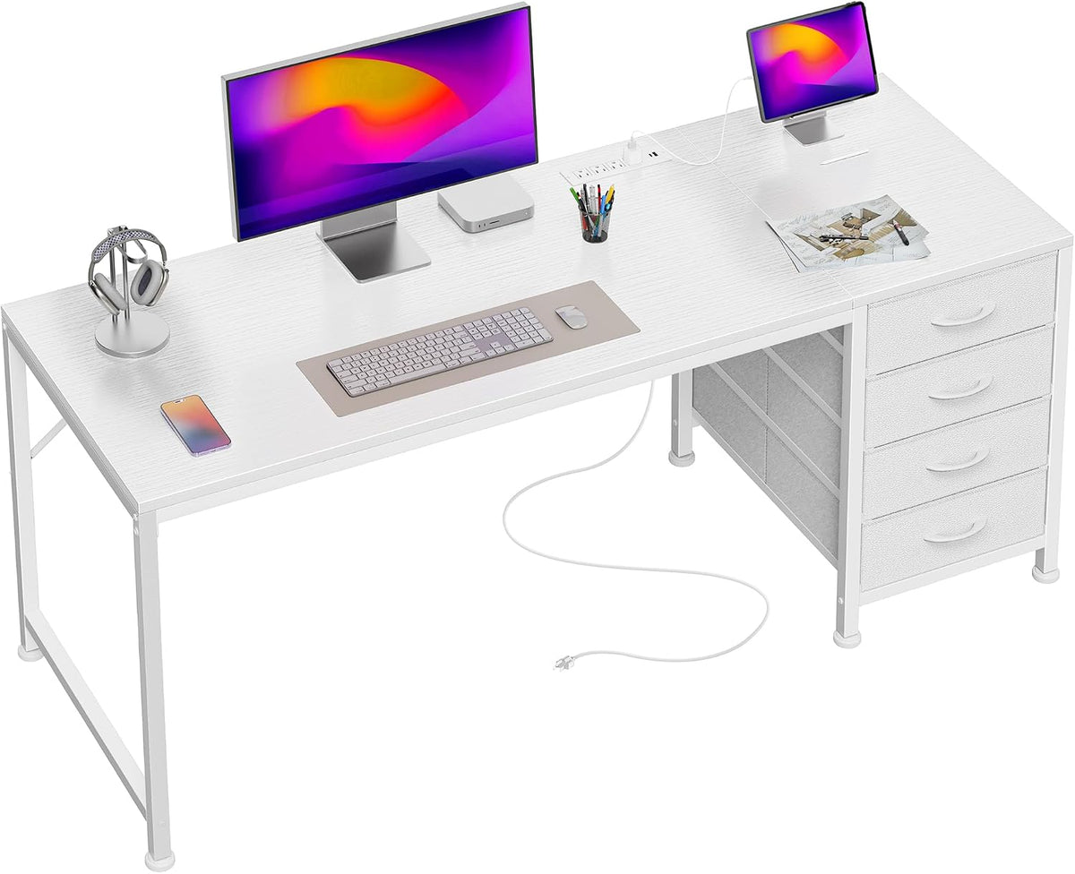 PRAISUN 55.1 Inch Computer Office Desk with Power Outelts and USB-C Port, Reversible Gaming Desk with 4 Fabric Drawers, Work Study Desk Work from Home, Rustic Brown