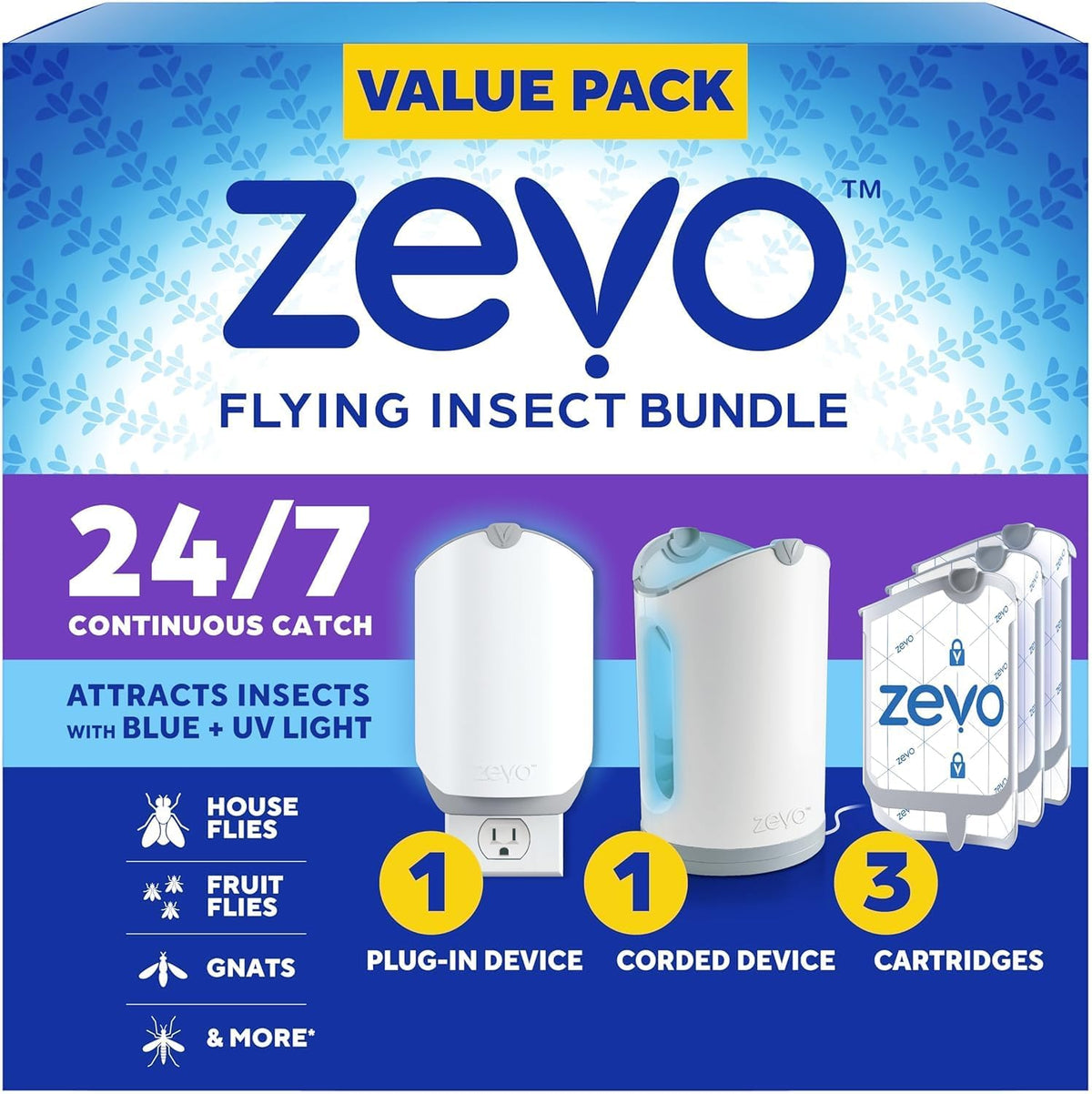 Zevo MAX Bug Catcher, Gnat & Fruit Fly Trap Indoors, 1 Base & 2 Refills
