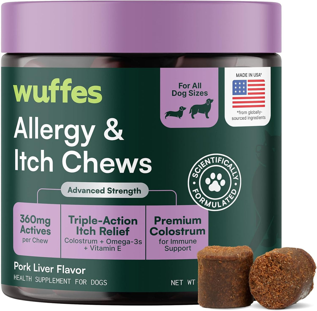 Wuffes Allergy & Itch Chews for Dogs | Supplement for Occasional Allergies. All Breed Sizes. Made with Colostrum, Vitamin E & Omega-3s. Pork Flavor. 60 ct.