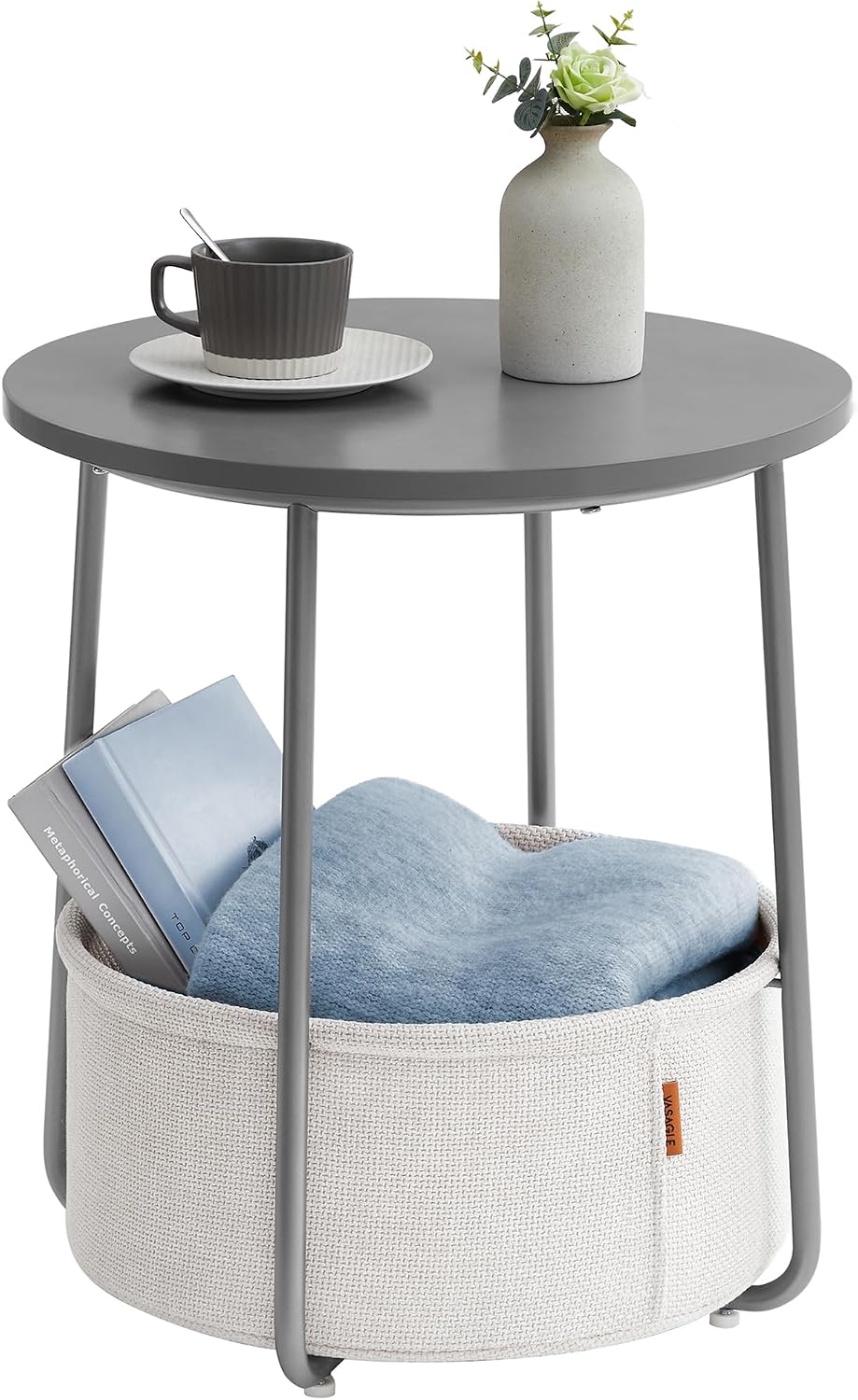 VASAGLE Small Round Side End Table, Small Nightstand with Fabric Basket