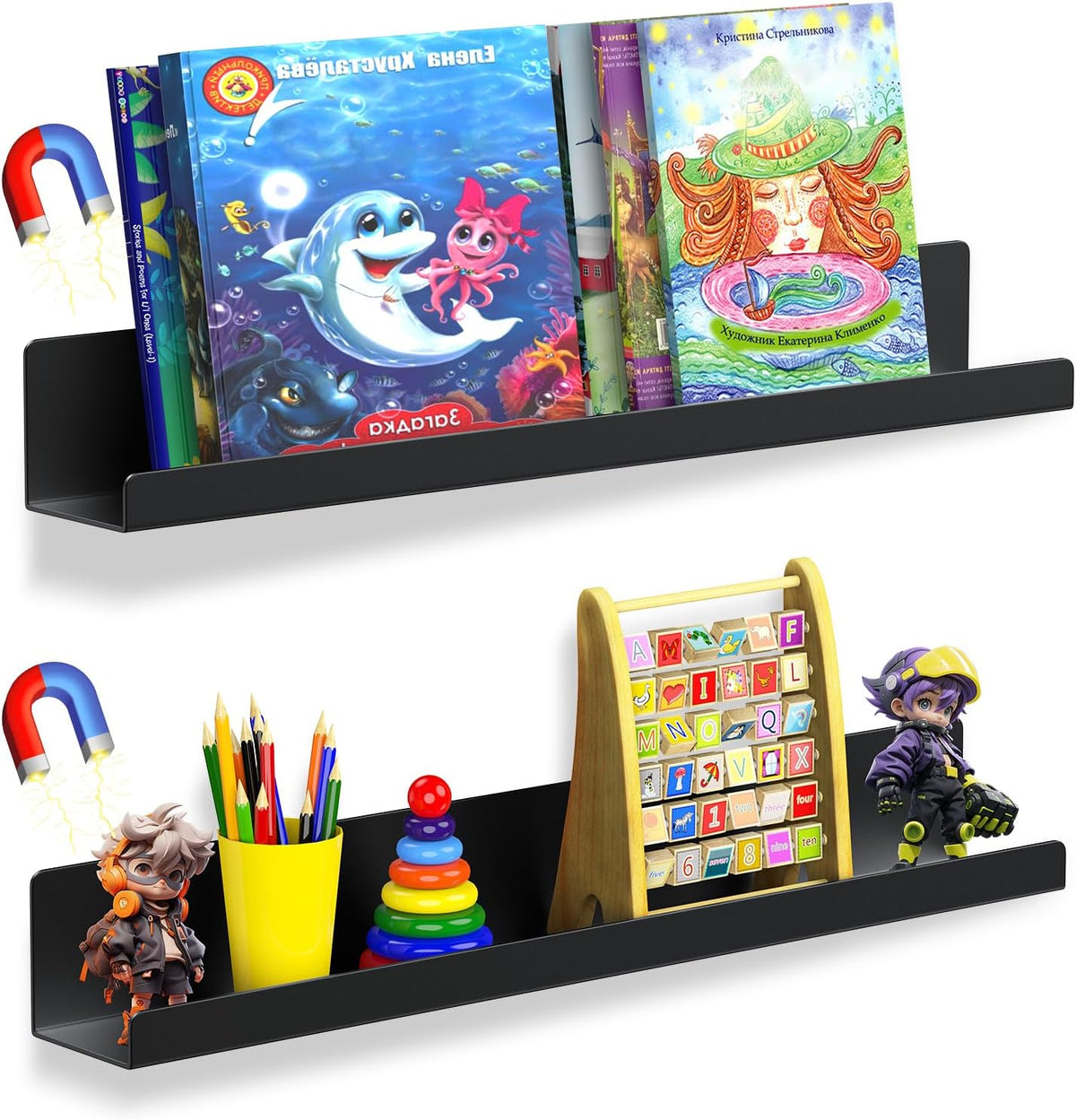 2 Pack Magnetic Book Shelf for Whiteboard, 17 Inch Heavy Duty Metal Magnetic Shelves, Holds 12 lbs, Magnetic Book Display for Classroom Furniture, Office - White