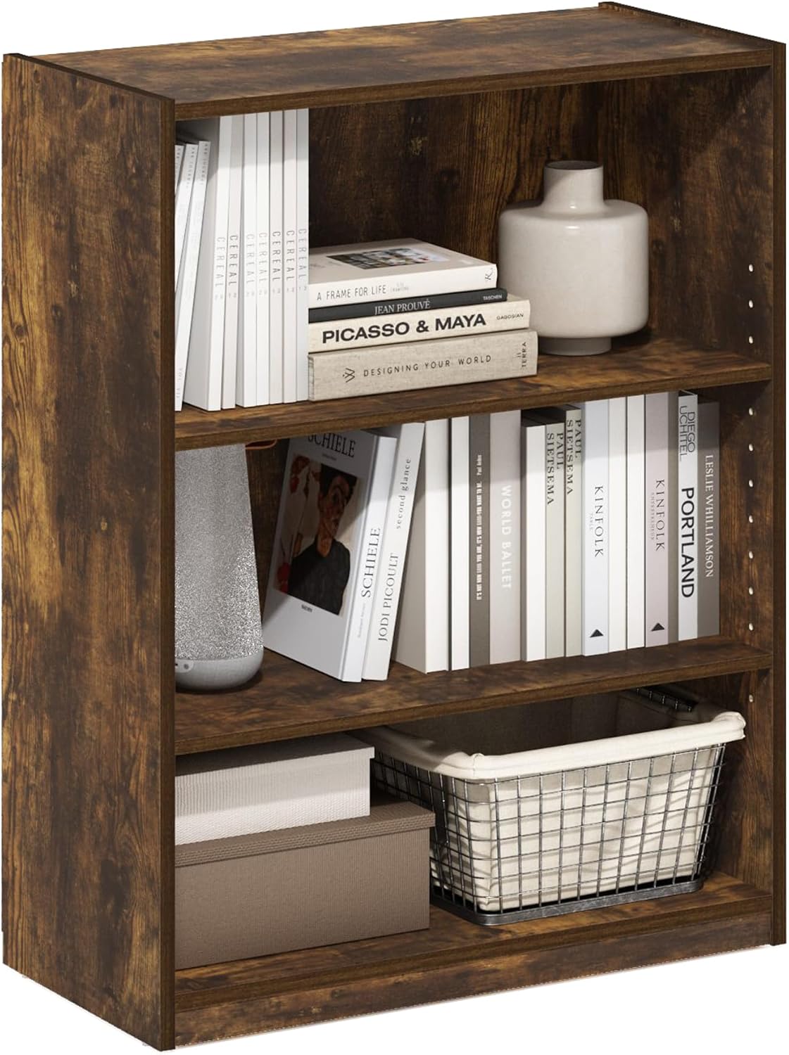 Furinno JAYA Book Shelf, 3-Tier Bookshelf, Bookcase with Adjustable Shelves, 9.5 x 24.5 x 40.3, for Organization and Storage, for Living Room, Bedroom, Home Office, French Oak