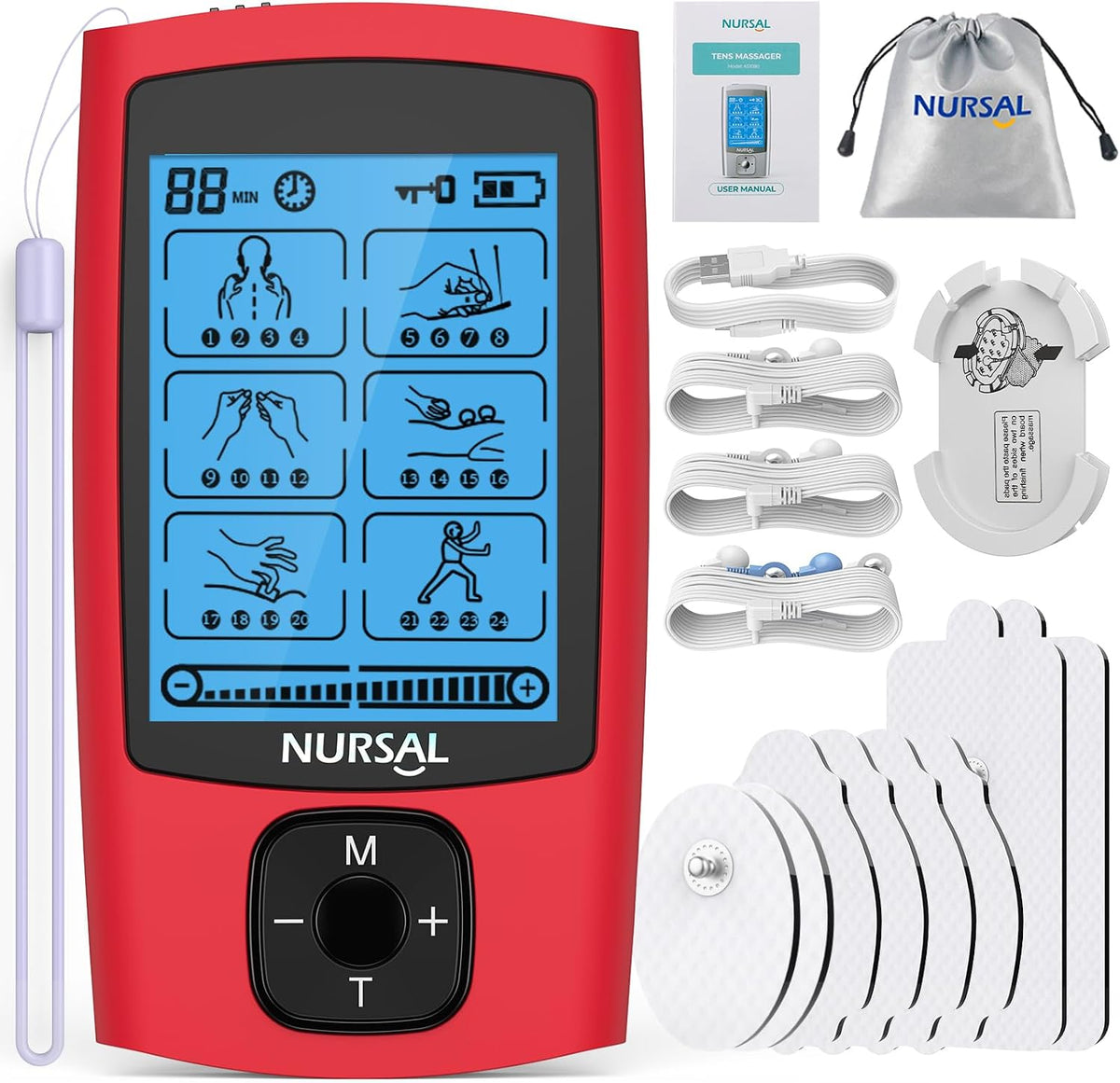NURSAL 24 Modes TENS Unit Muscle Stimulator for Pain Relief, Rechargeable Electronic Pulse Massager, 8 Pcs Pads, Drug-Free Pain Relief for Shoulder, Back, Muscle, ABS Pads Holder
