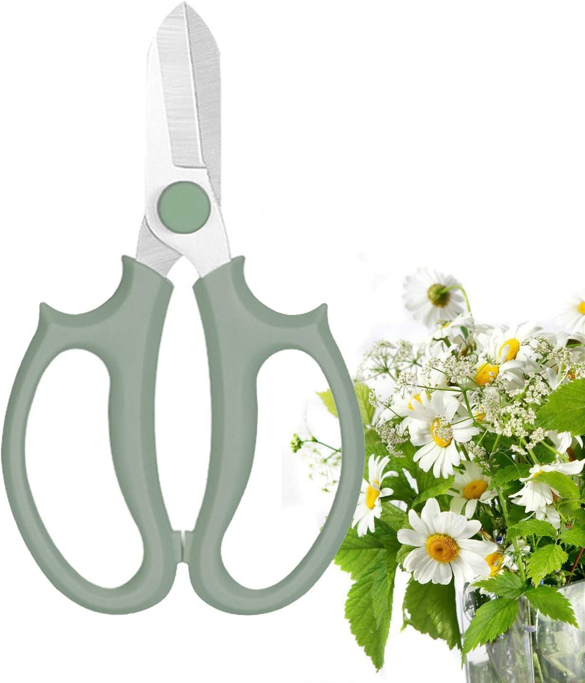 Leize Flower Scissors, Premium Thickened Stainless Steel Floral Shears, Strong Pruner for Flowers, Branches and Leaves (Grey Green Slender)