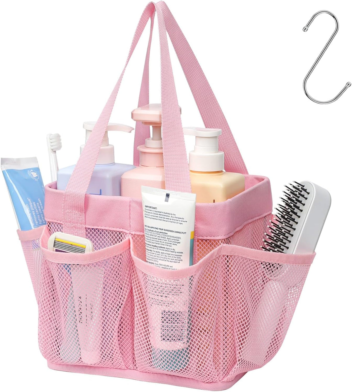 Mesh Shower Caddy Portable - 8 Pockets, S-Hook, Shower Bag for Dorm Camping