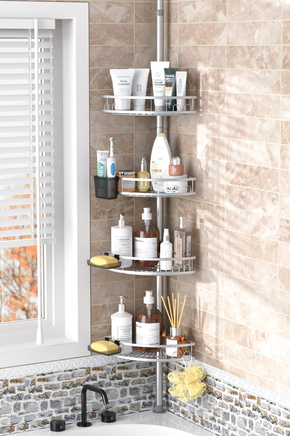 Adjustable Tension Pole Shower Caddy: Rustproof Corner Bathroom Organizer