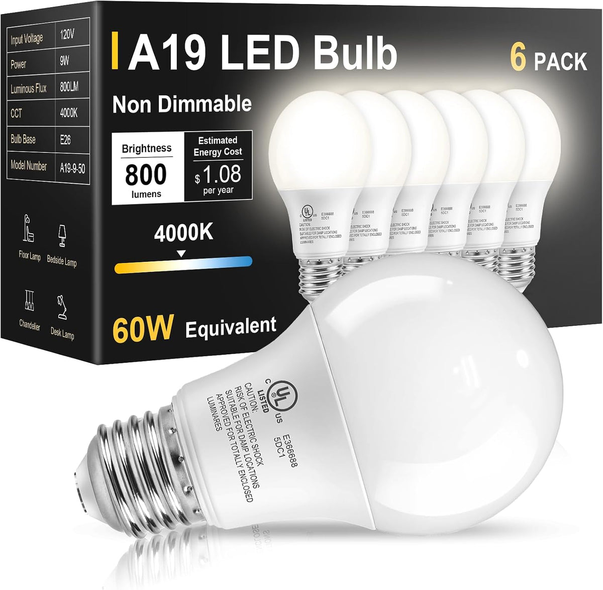 TJOY 6 Pack LED Light Bulbs 60 Watt Equivalent, Daylight White 5000K A19