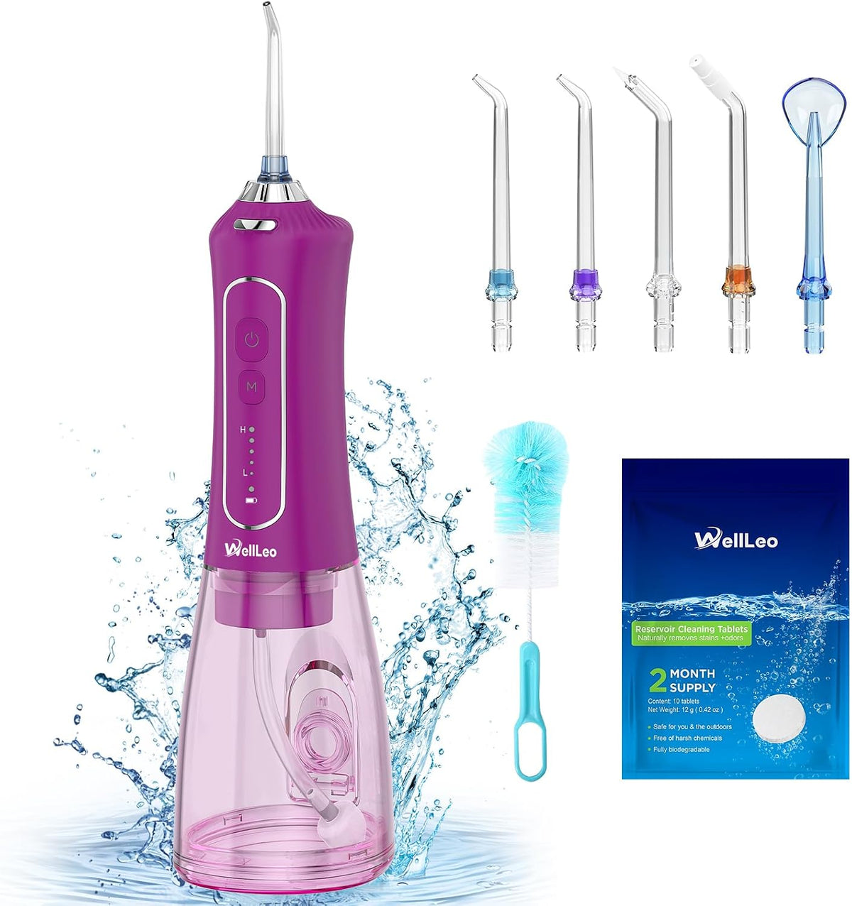 WellLeo Water Flossers for Teeth, 300ML Cordless Oral Irrigator Rechargeable Dental Flosser Picks with 5 Modes 5 Jet Tips,IPX7 Waterproof Teeth Cleaner for Braces Gum Care, Home Travel Use