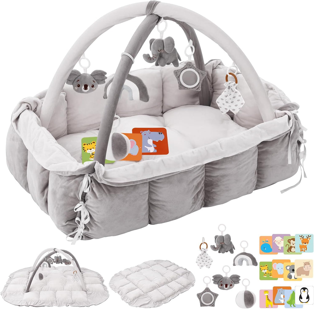 5-in-1 Plush Baby Play Gym, Baby Play Mats, Convertible Baby Gym, Tummy time mat, 6 Sensory Toys, Activity Center, Ball Pit, Pink