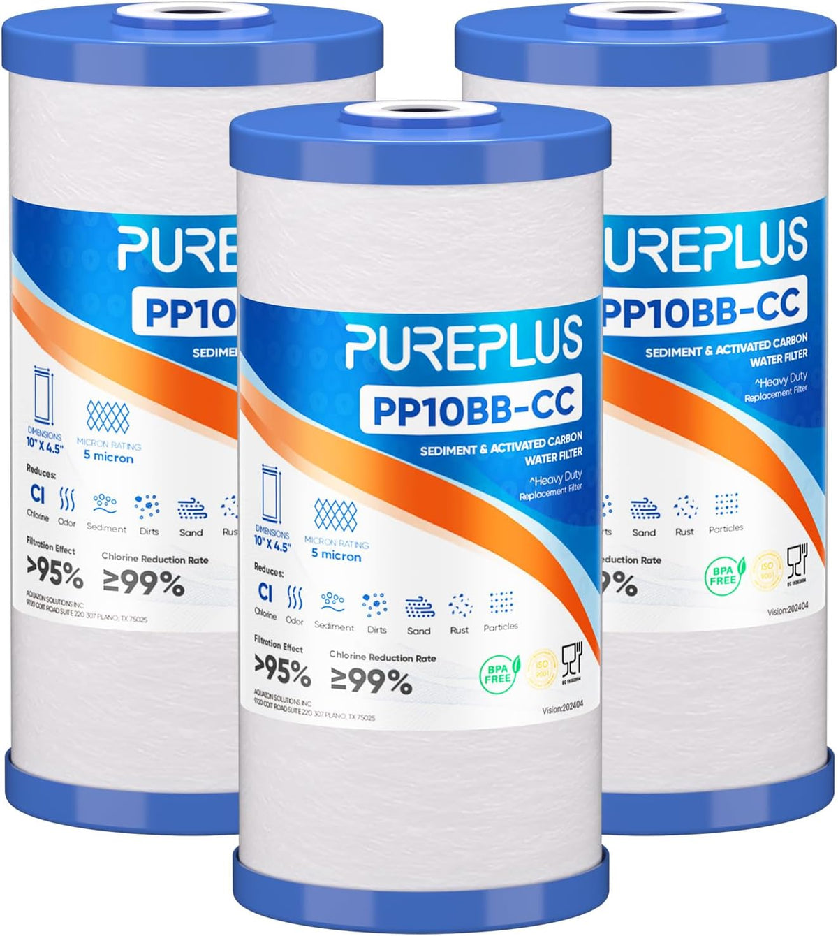 PUREPLUS 5 Micron 10" x 4.5" Whole House Sediment and Carbon Water Filter Replacement Cartridge for GE FXHTC, GXWH40L, GXWH35F, GNWH38S, Culligan RFC-BBSA, WRC25HD, PP10BB-CC, Pentek RFC-BB, 2Pack